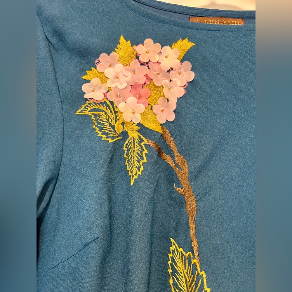 Anthropologie Varun Bahl Hydrangea Floral Dress Blue Applique Embroidery Sz 12 - Picture 4 of 11